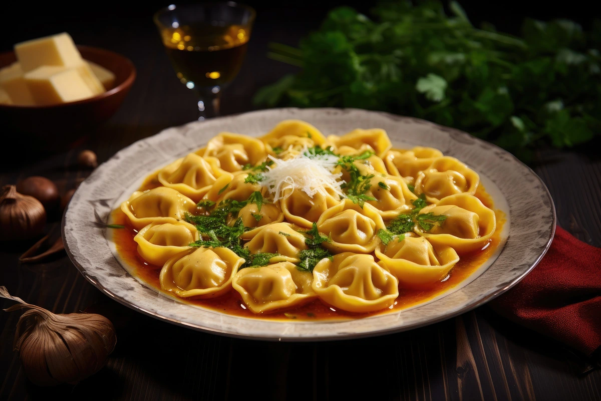 Freshly cooked tortellini pasta served with creamy sauce.