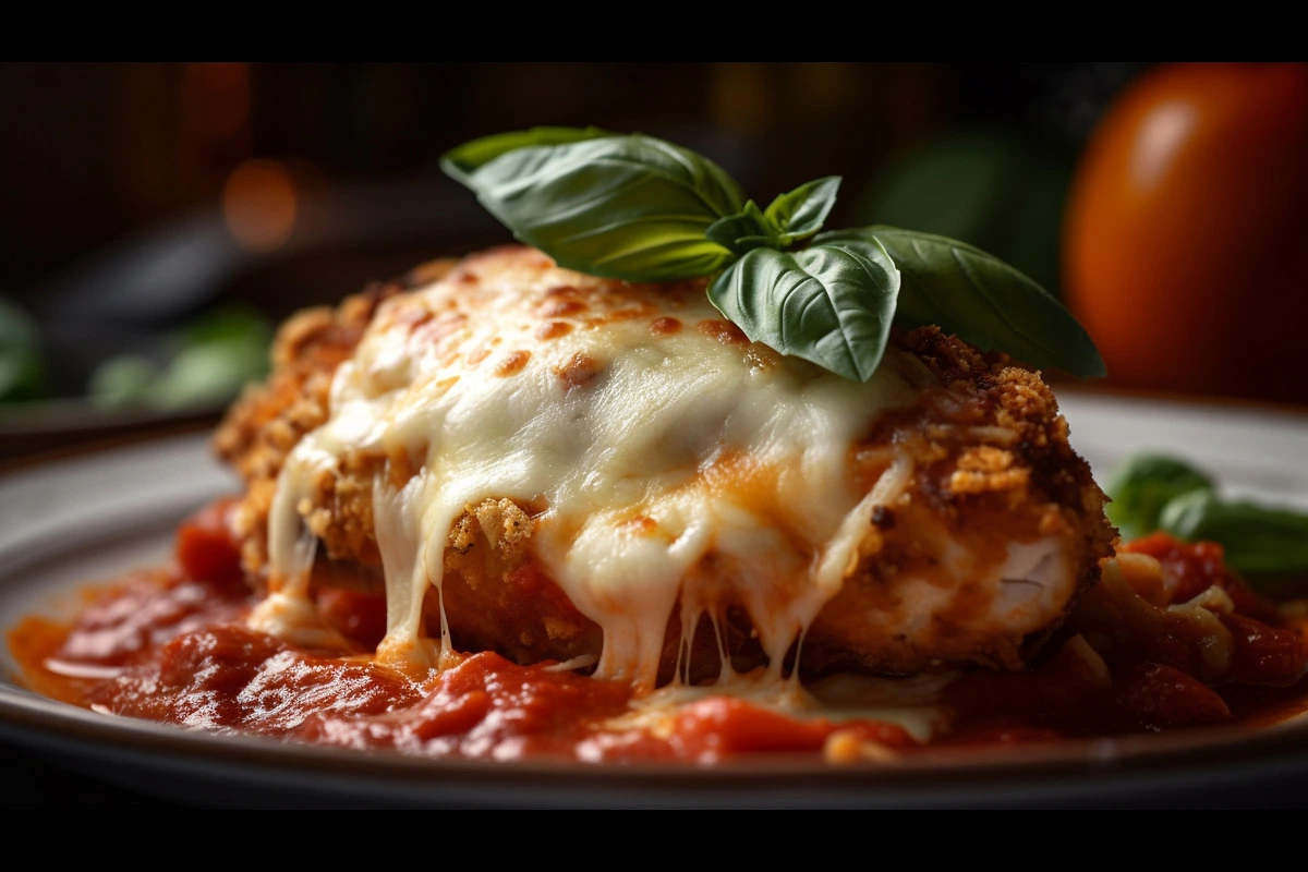 Chicken Parmesan topped with marinara sauce and melted cheese