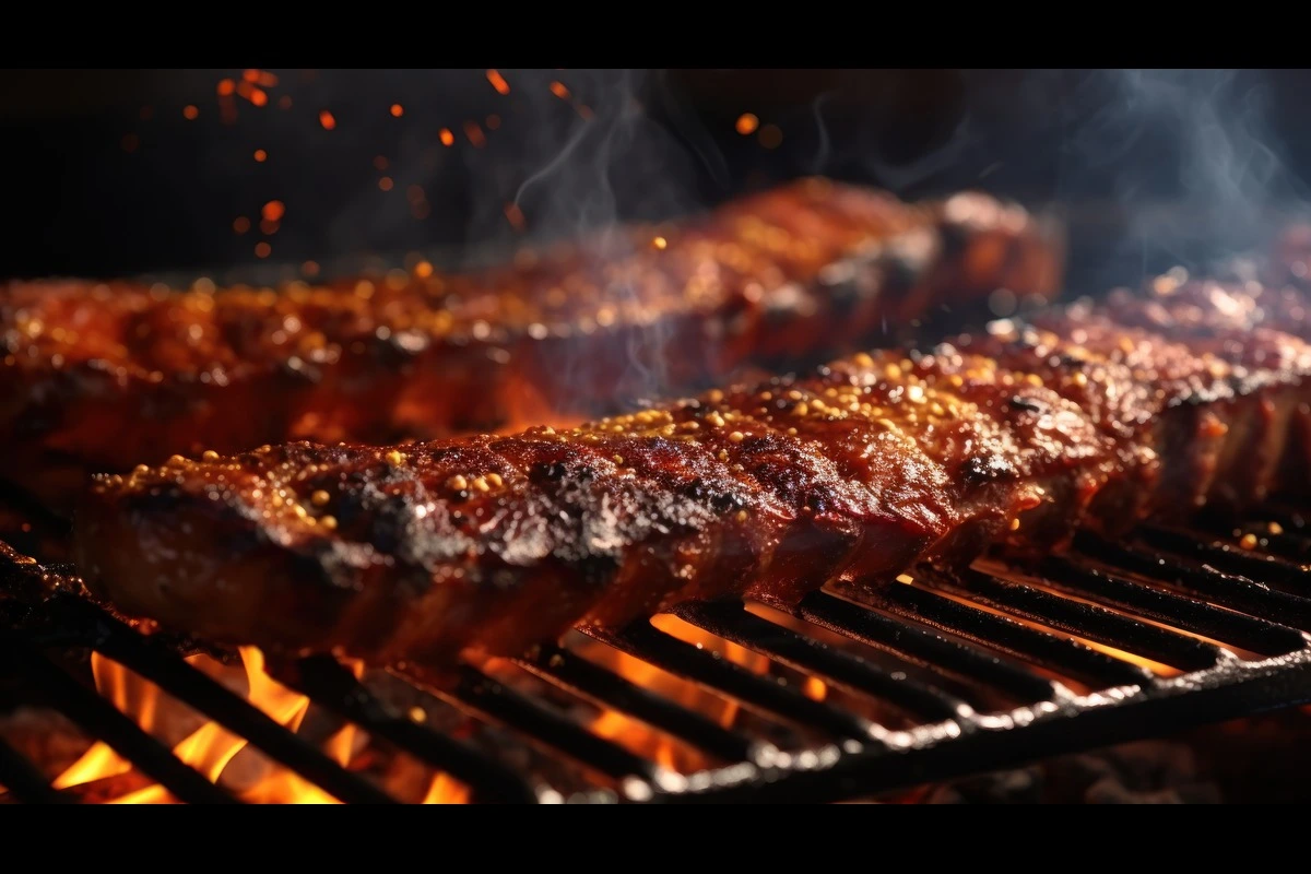 BBQ ribs on a grill with a brush applying sauce