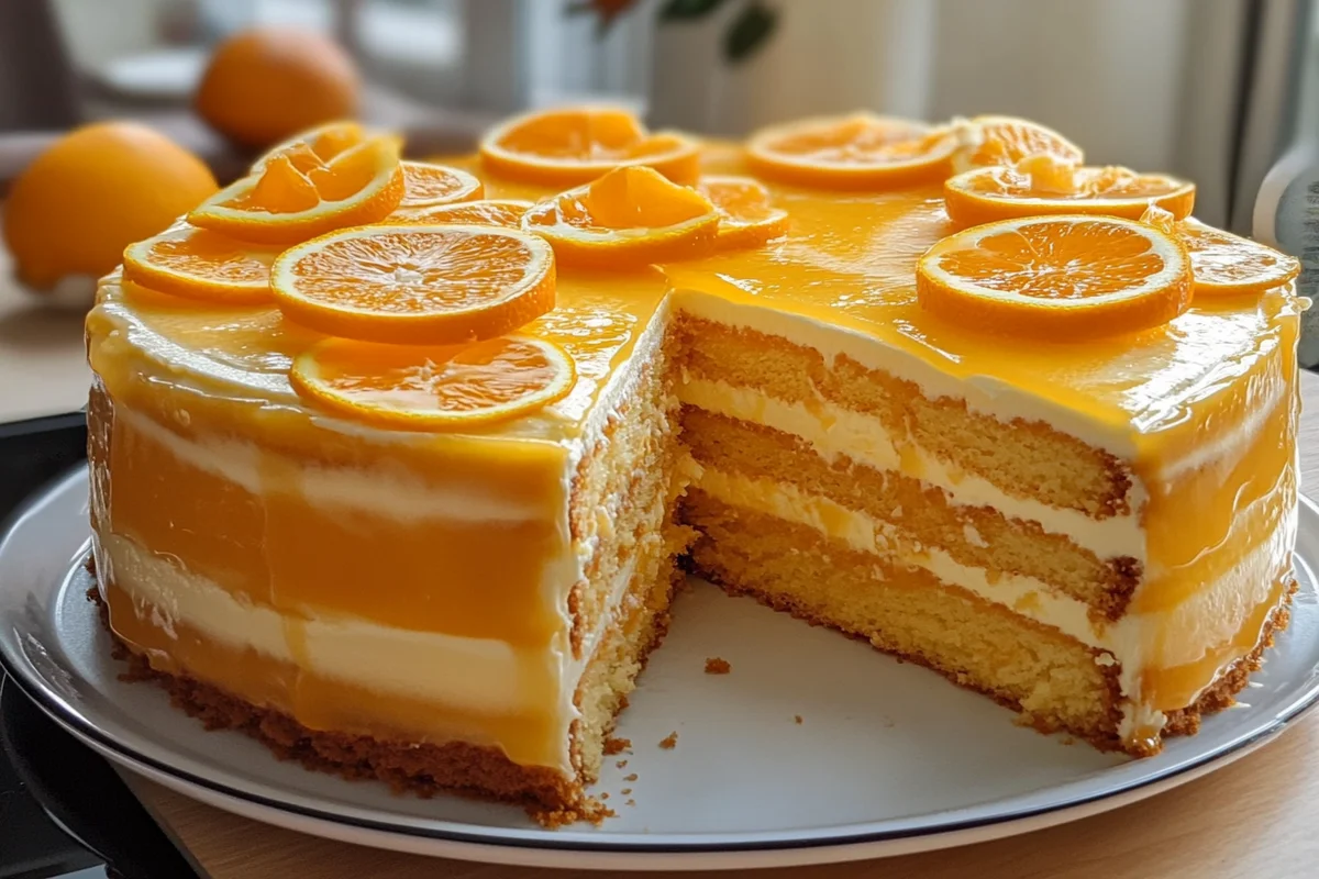 A slice of Orange Dreamsicle Cake with creamy frosting and fresh orange slices.