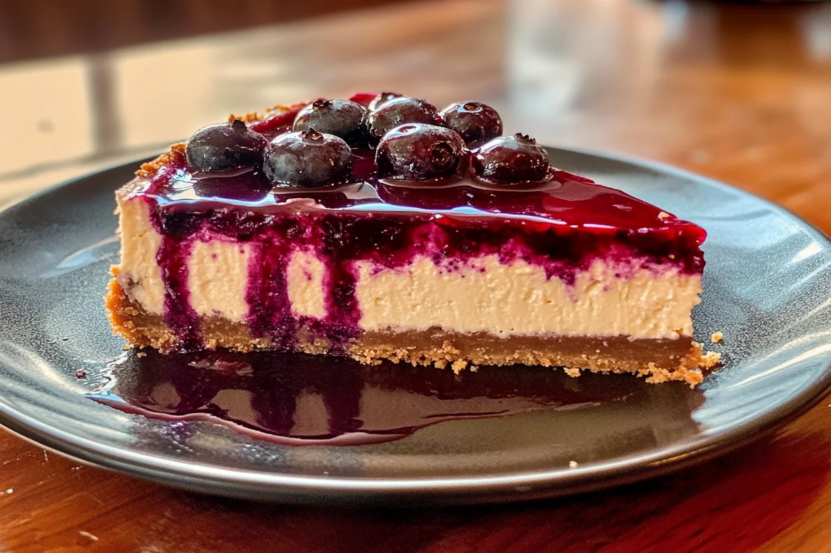 A slice of Blood Orange Wild Blueberry Cheesecake topped with fresh blueberries and a blood orange slice.