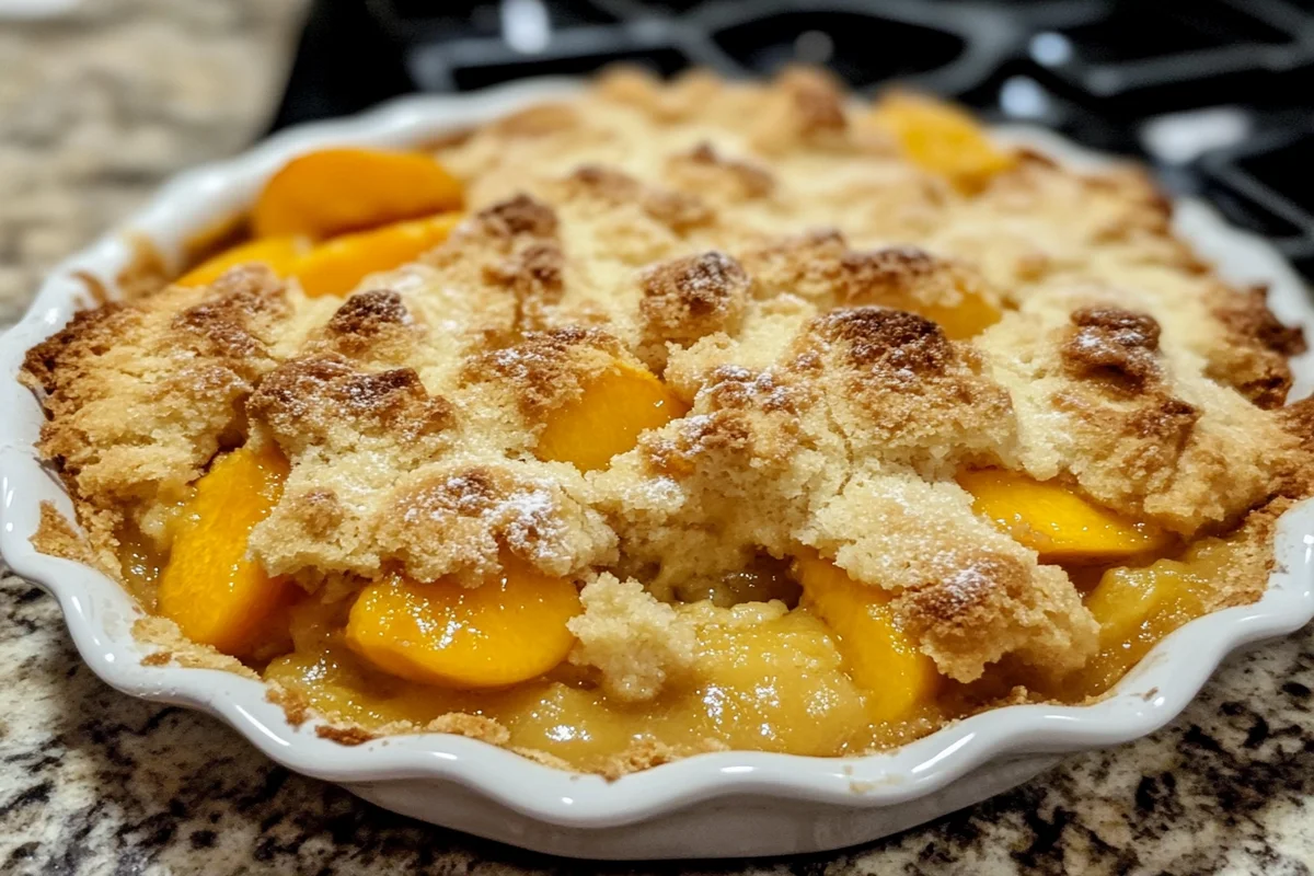 A serving of homemade peach cobbler with a golden, crispy crust and juicy peach filling, garnished with a scoop of vanilla ice cream