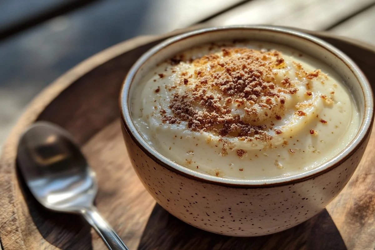 Creamy chocolate Budino served in a glass jar topped with whipped cream.