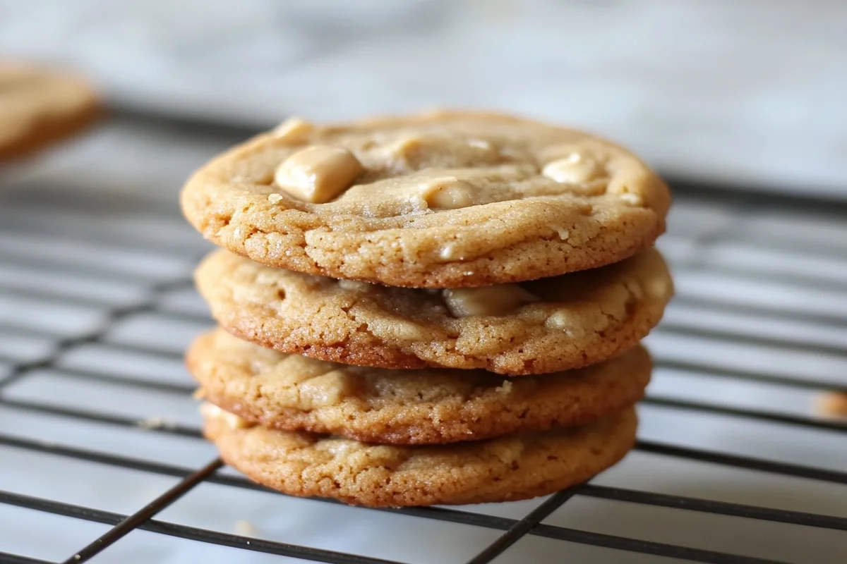 A batch of freshly baked Kraft peanut butter cookies with a crisscross fork pattern on a baking sheet.