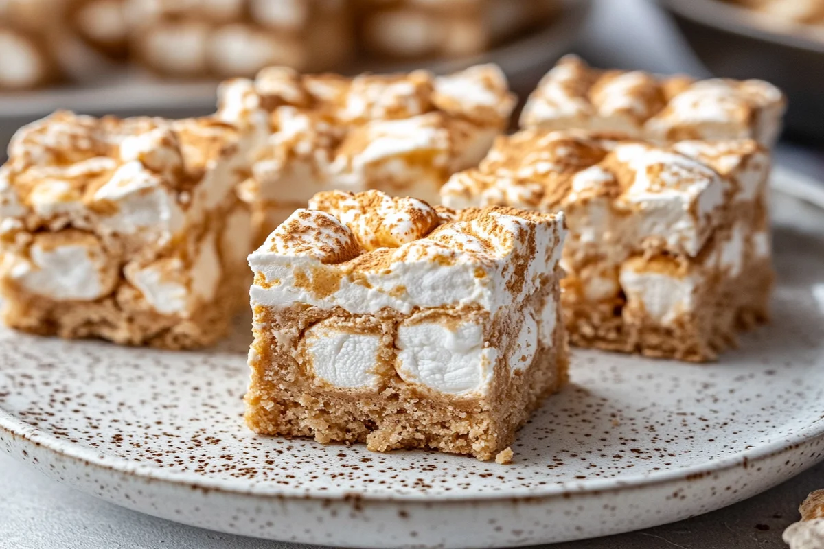 Close-up of colorful peanut butter marshmallow squares cut into squares on a serving plate.