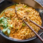 A bowl of creamy Thai Peanut Butter Ramen topped with peanuts, fresh cilantro, and red pepper flakes.